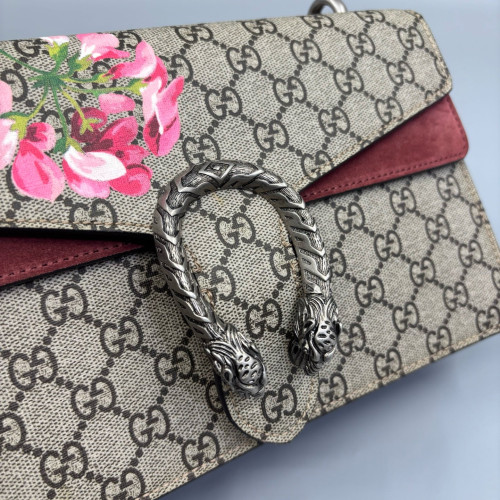 Gucci Meium Dionysus GG Supreme Monogram Suede Beige Burgundy Pink