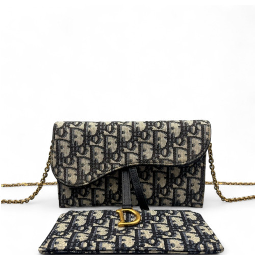 Dior Small Saddle Puch With Chain Oblique Black Beige Navy