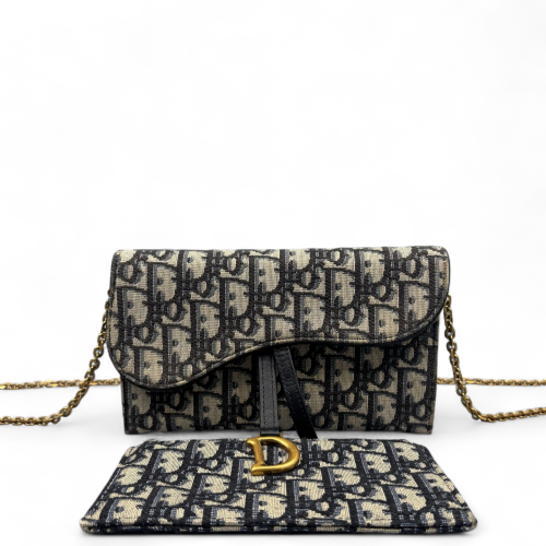 Dior Small Saddle Puch With Chain Oblique Black Beige Navy