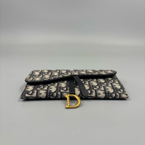Dior Small Saddle Puch With Chain Oblique Black Beige Navy