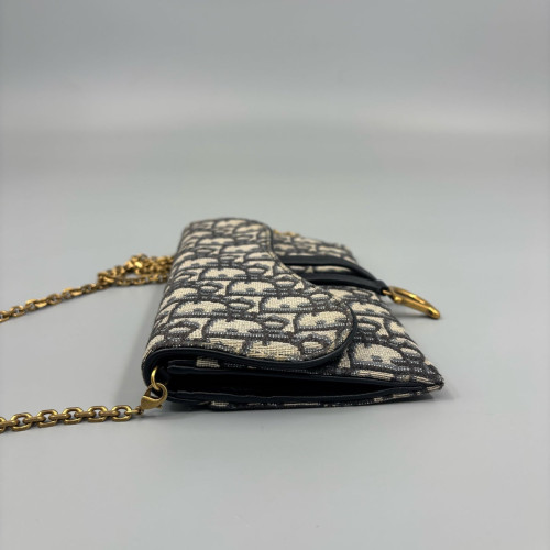 Dior Small Saddle Puch With Chain Oblique Black Beige Navy