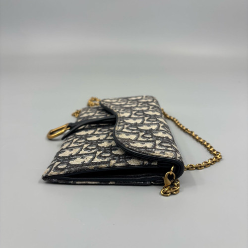 Dior Small Saddle Puch With Chain Oblique Black Beige Navy