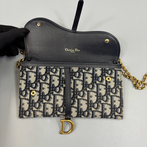 Dior Small Saddle Puch With Chain Oblique Black Beige Navy