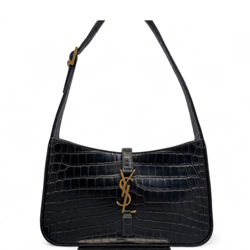 Yves Saint Laurent LE 5 A 7 Hobo Calfskin Crocodile Embossed Black