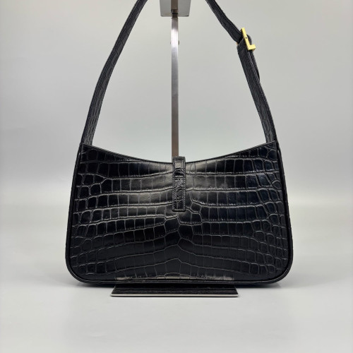 Yves Saint Laurent LE 5 A 7 Hobo Calfskin Crocodile Embossed Black