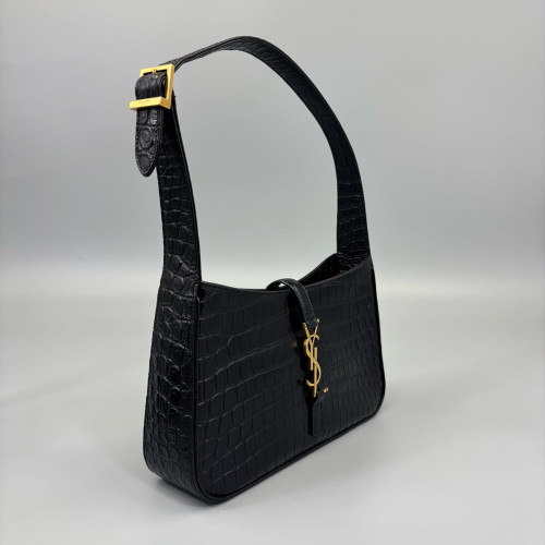 Yves Saint Laurent LE 5 A 7 Hobo Calfskin Crocodile Embossed Black
