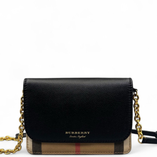 Burberry Wallet On Chain WOC House Check Calfskin Black Beige Khaki