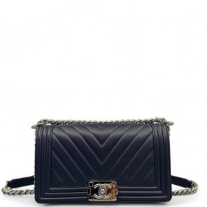 Chanel Chevron Quilted Medium Boy Flap Calfskin Dark Blue