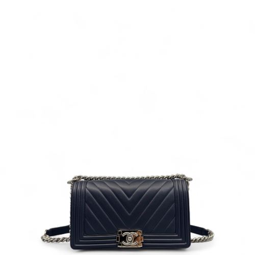 Chanel Chevron Quilted Medium Boy Flap Calfskin Dark Blue
