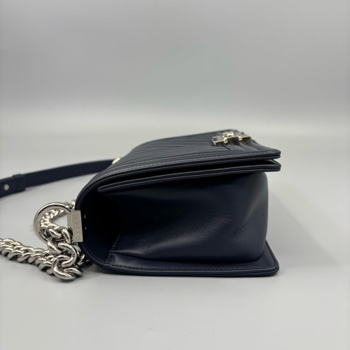 Chanel Chevron Quilted Medium Boy Flap Calfskin Dark Blue