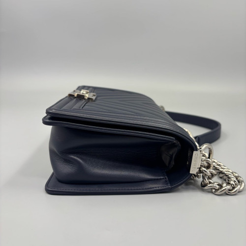 Chanel Chevron Quilted Medium Boy Flap Calfskin Dark Blue