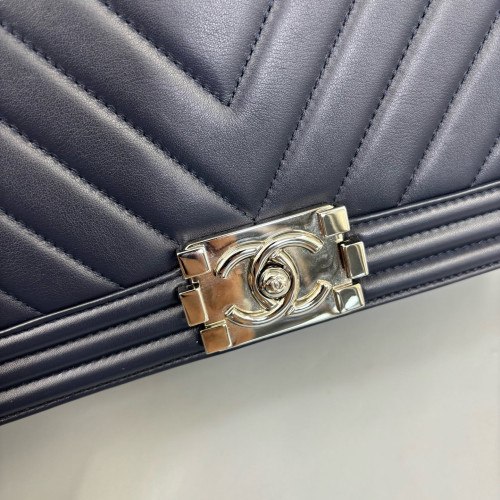 Chanel Chevron Quilted Medium Boy Flap Calfskin Dark Blue