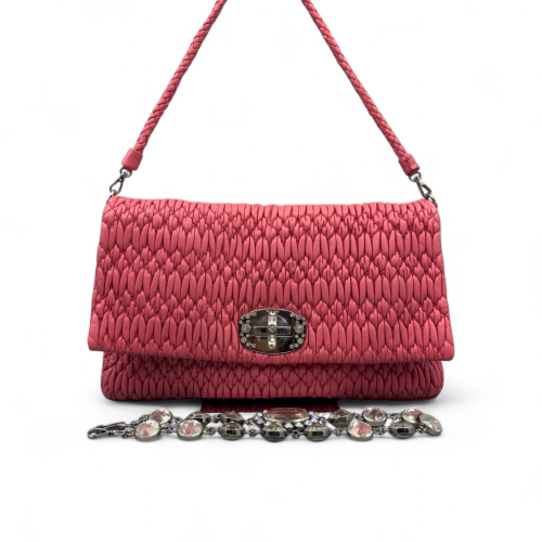 Miu Miu Crystal Rhinestone Matelasse Crystal Flap Clutch Crumpled Lambskin Pink