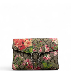 Gucci Mini Dionysus Chain Wallet GG Supreme Monogram Blooms Brown Pink Red