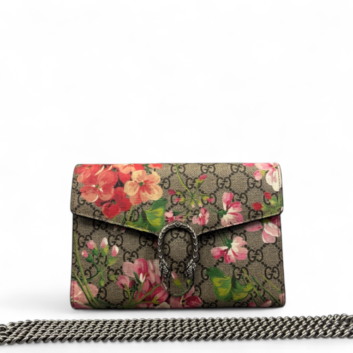 Gucci Mini Dionysus Chain Wallet GG Supreme Monogram Blooms Brown Pink Red