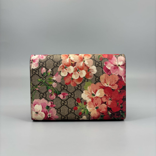 Gucci Mini Dionysus Chain Wallet GG Supreme Monogram Blooms Brown Pink Red