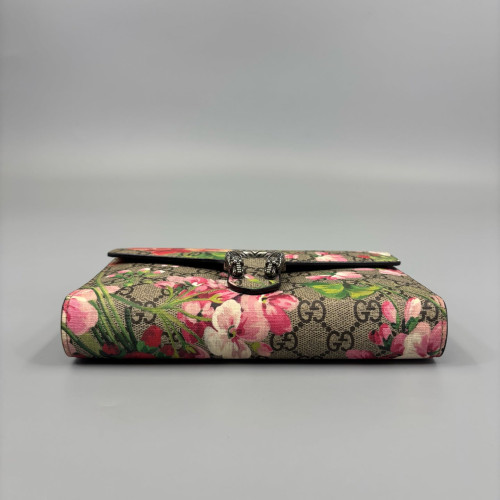 Gucci Mini Dionysus Chain Wallet GG Supreme Monogram Blooms Brown Pink Red