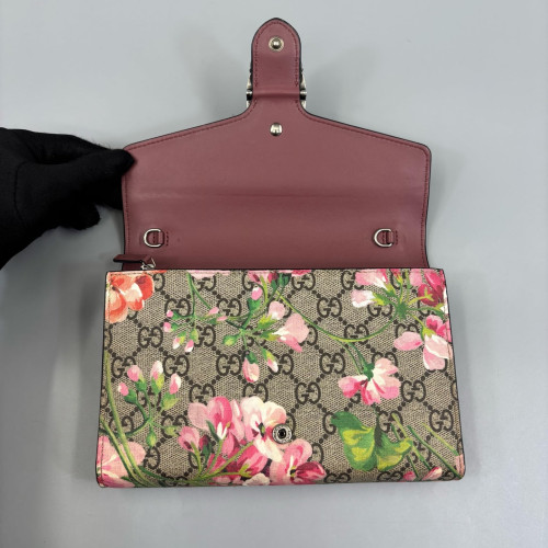 Gucci Mini Dionysus Chain Wallet GG Supreme Monogram Blooms Brown Pink Red