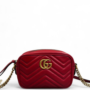 Gucci Matelasse Mini GG Marmont Chain Shoulder Bag Calfskin Red