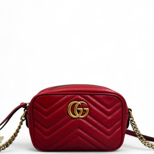 Gucci Matelasse Mini GG Marmont Chain Shoulder Bag Calfskin Red
