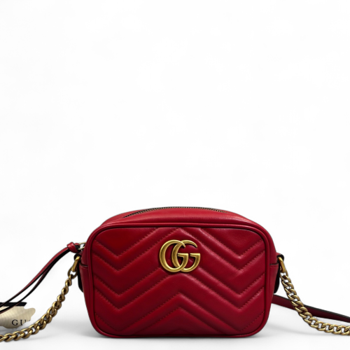 Gucci Matelasse Mini GG Marmont Chain Shoulder Bag Calfskin Red