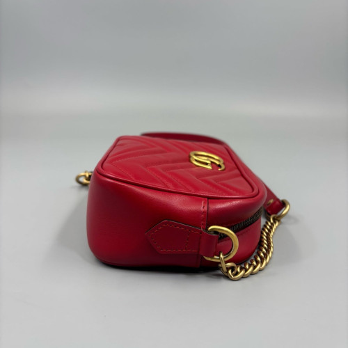Gucci Matelasse Mini GG Marmont Chain Shoulder Bag Calfskin Red