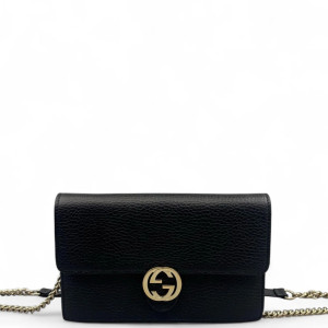 Gucci Interlocking G Chain Wallet Grained Calfskin Black