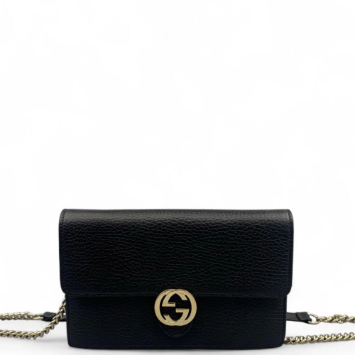 Gucci Interlocking G Chain Wallet Grained Calfskin Black