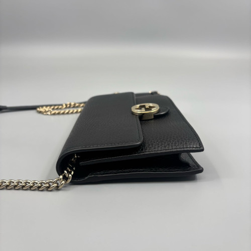Gucci Interlocking G Chain Wallet Grained Calfskin Black