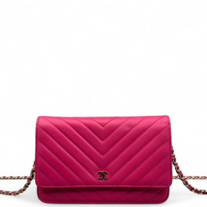 Chanel Chevron Quilted Wallet On Chain Calfskin Pink