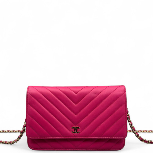Chanel Chevron Quilted Wallet On Chain Calfskin Pink