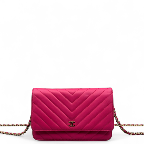 Chanel Chevron Quilted Wallet On Chain Calfskin Pink