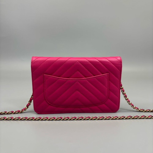 Chanel Chevron Quilted Wallet On Chain Calfskin Pink