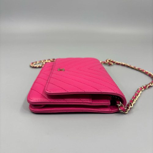 Chanel Chevron Quilted Wallet On Chain Calfskin Pink