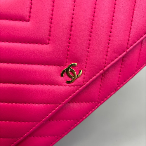 Chanel Chevron Quilted Wallet On Chain Calfskin Pink