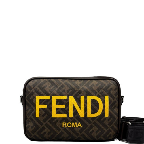 Fendi FF 1974 Logo Medium Camera Case Zucca Calfskin Dark Brown Light Brown Yellow