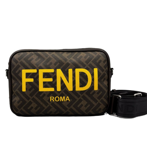 Fendi FF 1974 Logo Medium Camera Case Zucca Calfskin Dark Brown Light Brown Yellow