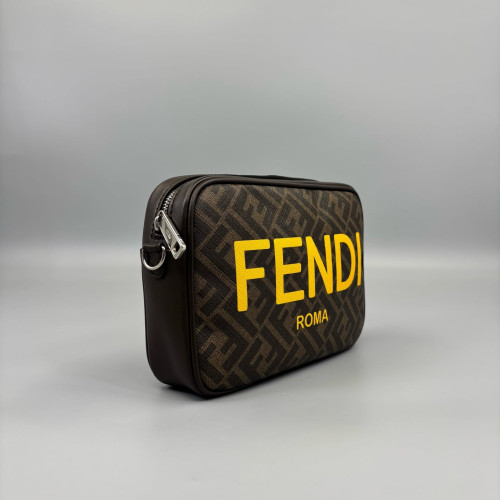 Fendi FF 1974 Logo Medium Camera Case Zucca Calfskin Dark Brown Light Brown Yellow
