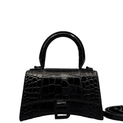 Balenciaga Hourglass Xs Calfskin Crocodile Embossed Black