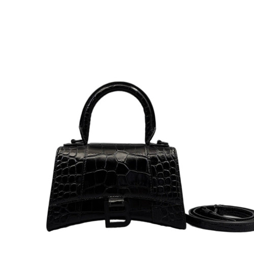 Balenciaga Hourglass Xs Calfskin Crocodile Embossed Black