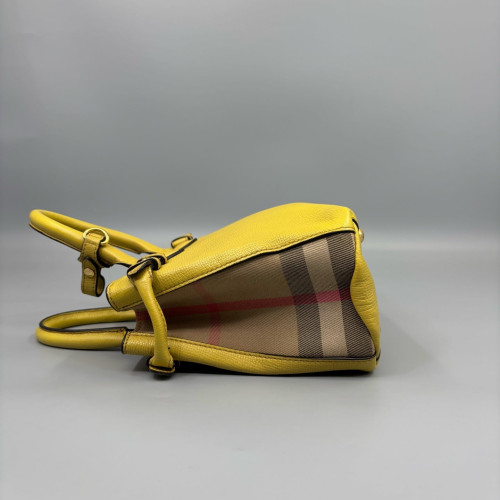 Burberry Small Banner Tote Calfskin House Check Yellow Beige Black