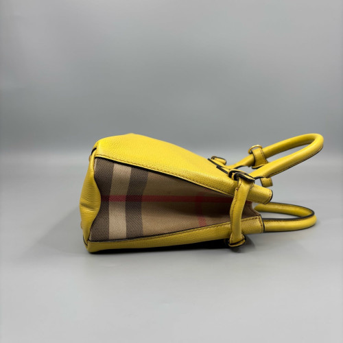 Burberry Small Banner Tote Calfskin House Check Yellow Beige Black