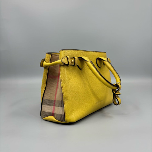 Burberry Small Banner Tote Calfskin House Check Yellow Beige Black