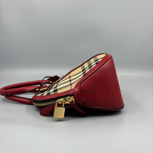 Burberry Small Orchard Bowling Bag House Check Calfskin Beige Red Black