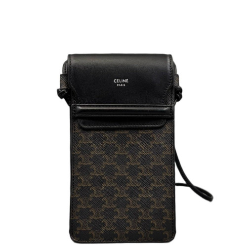 Celine Phone Holder Triomphe Calfskin Black Dark Brown Light Brown