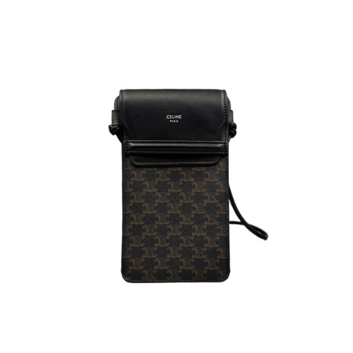 Celine Phone Holder Triomphe Calfskin Black Dark Brown Light Brown