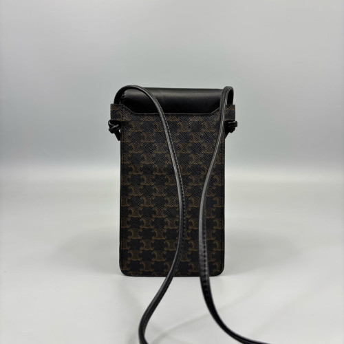 Celine Phone Holder Triomphe Calfskin Black Dark Brown Light Brown