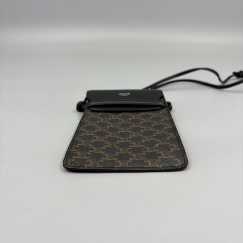Celine Phone Holder Triomphe Calfskin Black Dark Brown Light Brown