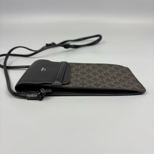 Celine Phone Holder Triomphe Calfskin Black Dark Brown Light Brown