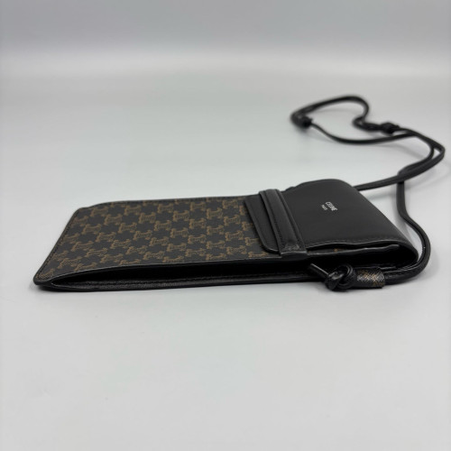 Celine Phone Holder Triomphe Calfskin Black Dark Brown Light Brown